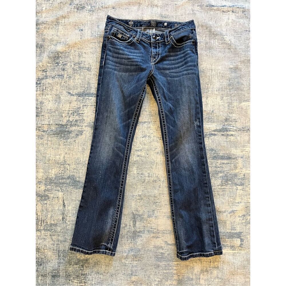 D9 Slick Distressed Rhinestone Studded Embellished Pocket Boot Cut Jeans 29"